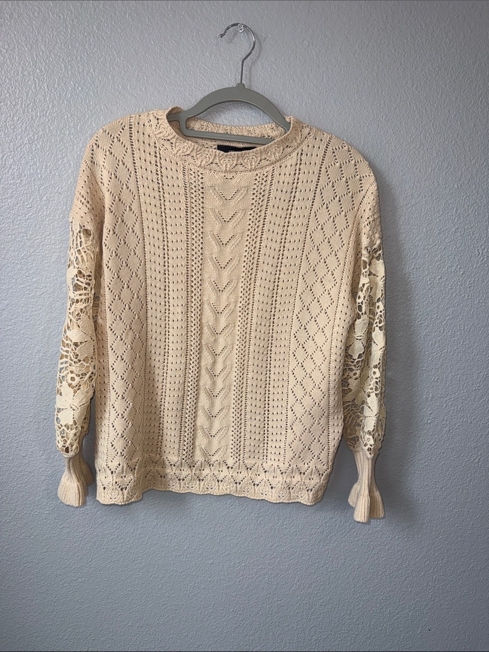 Cream Lace Sleeve Knit Sweater - Women's